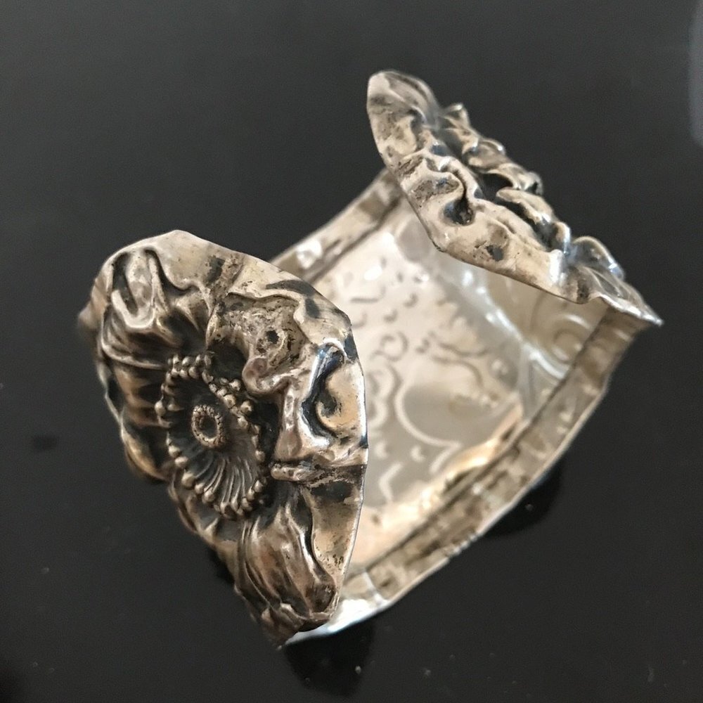 Art Nouveau Cuff Bracelet Floral Solid Sterling Silver 925 Antique Large - Picture 6 of 14
